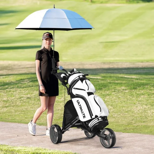 Chariot de Golf Pliable à 3 Roues Sangle Elastique Porte-parasol Réglable et Porte-gobelet Sac Recouvert d'Aluminium Bleu/Gris/Rouge/Vert