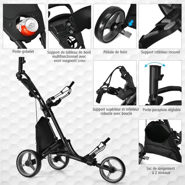 Chariot de Golf Pliable à 3 Roues Sangle Elastique Porte-parasol Réglable et Porte-gobelet Sac Recouvert d'Aluminium Bleu/Gris/Rouge/Vert