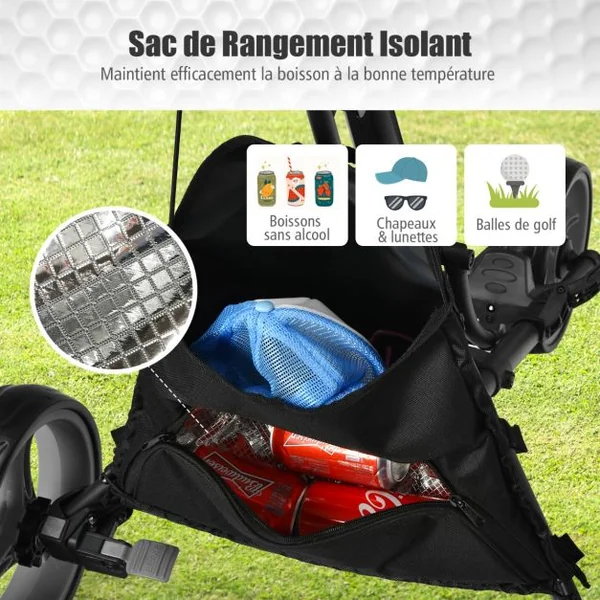Chariot de Golf Pliable à 3 Roues Sangle Elastique Porte-parasol Réglable et Porte-gobelet Sac Recouvert d'Aluminium Bleu/Gris/Rouge/Vert