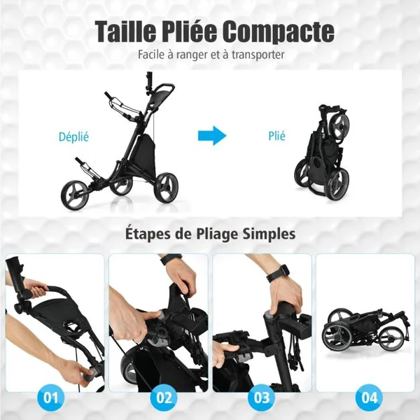 Chariot de Golf Pliable à 3 Roues Sangle Elastique Porte-parasol Réglable et Porte-gobelet Sac Recouvert d'Aluminium Bleu/Gris/Rouge/Vert