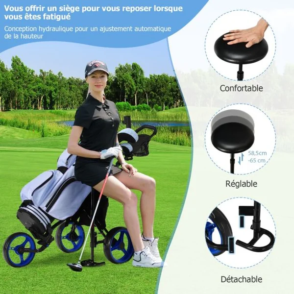 Chariot de Golf à 3 Roues Pliable avec Frein Poignée Hauteur Réglable Porte-parapluie Porte-gobelet et Tableau de Score Rouge/Bleu/Gris/Vert
