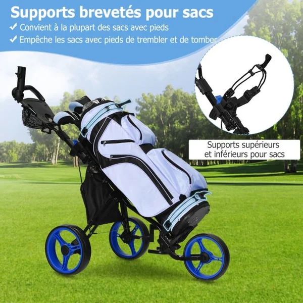 Chariot de Golf à 3 Roues Pliable avec Frein Poignée Hauteur Réglable Porte-parapluie Porte-gobelet et Tableau de Score Rouge/Bleu/Gris/Vert
