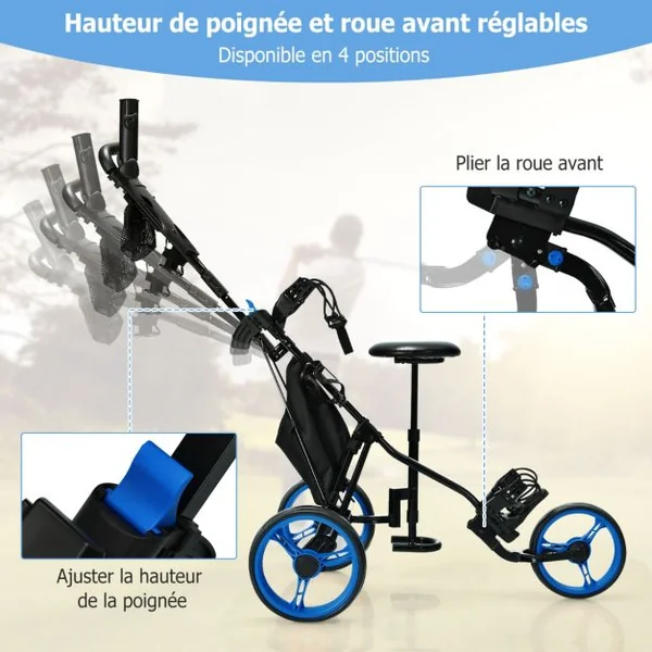 Chariot de Golf à 3 Roues Pliable avec Frein Poignée Hauteur Réglable Porte-parapluie Porte-gobelet et Tableau de Score Rouge/Bleu/Gris/Vert