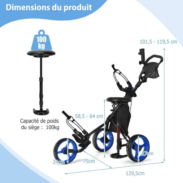 Chariot de Golf à 3 Roues Pliable avec Frein Poignée Hauteur Réglable Porte-parapluie Porte-gobelet et Tableau de Score Rouge/Bleu/Gris/Vert