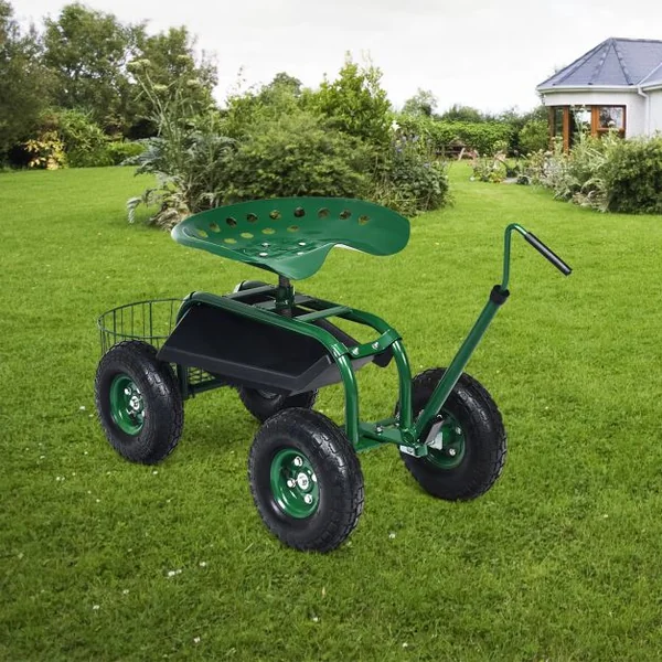 Chariot de Jardin avec Poignée Extensible Panier de Rangement et 2 Plateaux à Outils Scooter à 4 Roues 96,5 x 47,5 x 47-55 cm Vert