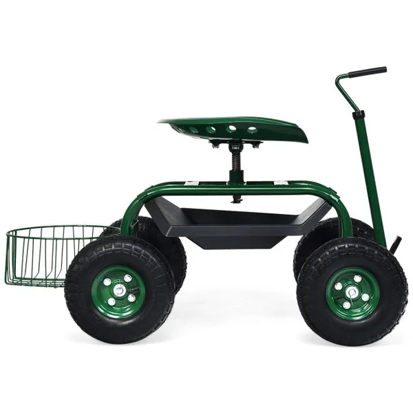 Chariot de Jardin avec Poignée Extensible Panier de Rangement et 2 Plateaux à Outils Scooter à 4 Roues 96,5 x 47,5 x 47-55 cm Vert