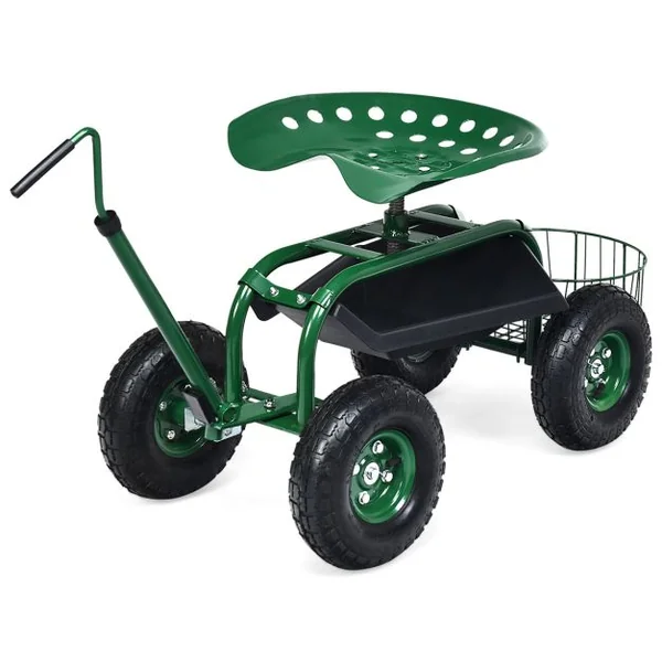 Chariot de Jardin avec Poignée Extensible Panier de Rangement et 2 Plateaux à Outils Scooter à 4 Roues 96,5 x 47,5 x 47-55 cm Vert