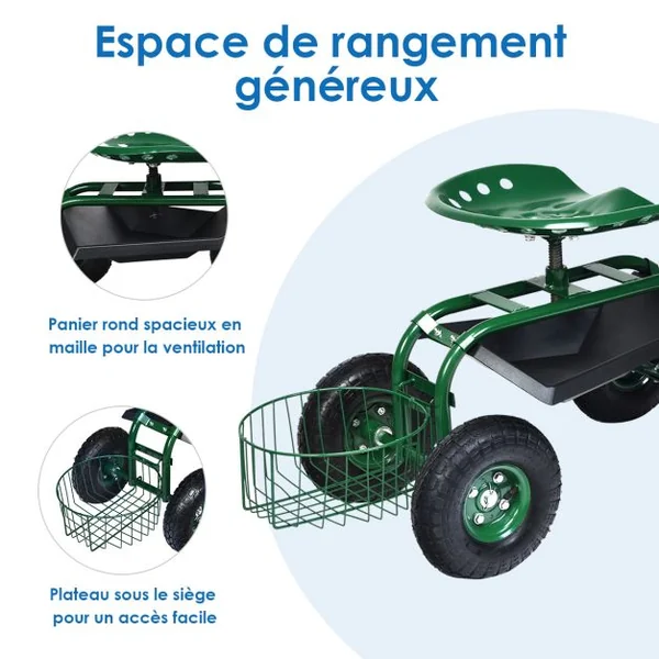 Chariot de Jardin avec Poignée Extensible Panier de Rangement et 2 Plateaux à Outils Scooter à 4 Roues 96,5 x 47,5 x 47-55 cm Vert