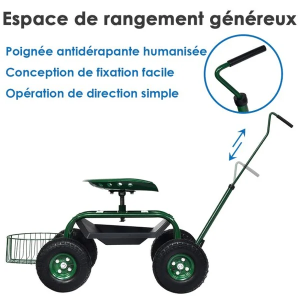 Chariot de Jardin avec Poignée Extensible Panier de Rangement et 2 Plateaux à Outils Scooter à 4 Roues 96,5 x 47,5 x 47-55 cm Vert
