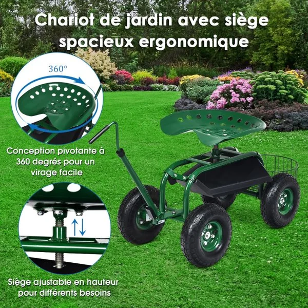 Chariot de Jardin avec Poignée Extensible Panier de Rangement et 2 Plateaux à Outils Scooter à 4 Roues 96,5 x 47,5 x 47-55 cm Vert
