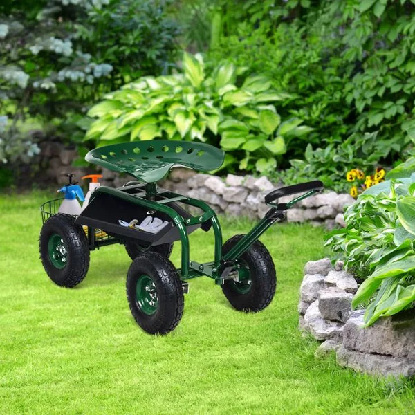 Chariot de Jardin avec Poignée Extensible Panier de Rangement et 2 Plateaux à Outils Scooter à 4 Roues 96,5 x 48,5 x 45,5-54,5 cm Vert