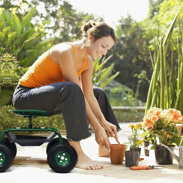 Chariot de Jardin avec Poignée Extensible Panier de Rangement et 2 Plateaux à Outils Scooter à 4 Roues 96,5 x 48,5 x 45,5-54,5 cm Vert