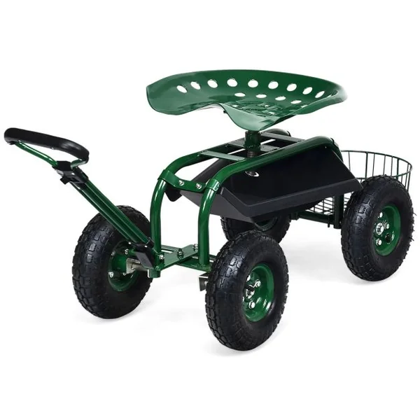 Chariot de Jardin avec Poignée Extensible Panier de Rangement et 2 Plateaux à Outils Scooter à 4 Roues 96,5 x 48,5 x 45,5-54,5 cm Vert