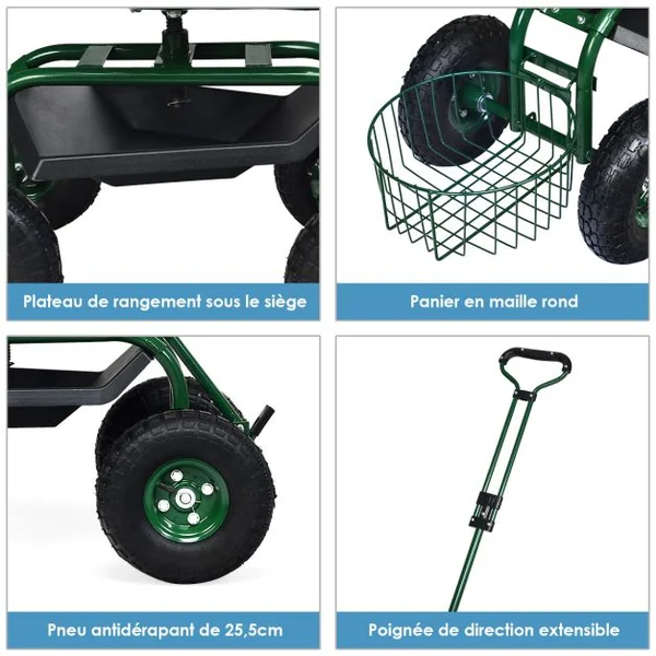 Chariot de Jardin avec Poignée Extensible Panier de Rangement et 2 Plateaux à Outils Scooter à 4 Roues 96,5 x 48,5 x 45,5-54,5 cm Vert