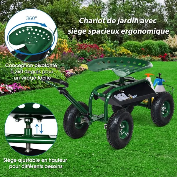 Chariot de Jardin avec Poignée Extensible Panier de Rangement et 2 Plateaux à Outils Scooter à 4 Roues 96,5 x 48,5 x 45,5-54,5 cm Vert
