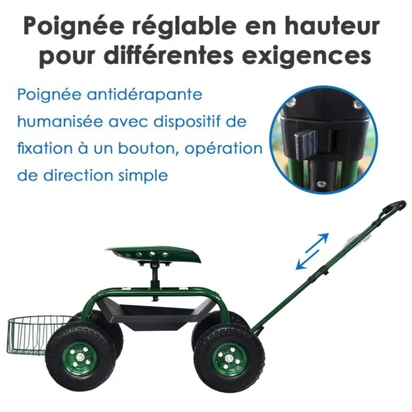Chariot de Jardin avec Poignée Extensible Panier de Rangement et 2 Plateaux à Outils Scooter à 4 Roues 96,5 x 48,5 x 45,5-54,5 cm Vert
