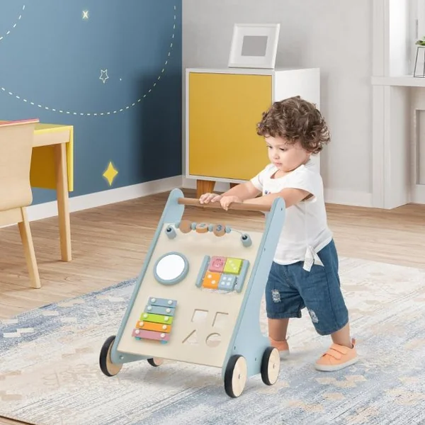 Chariot de Marche en Bois avec Panneau de Jeu Marcheur D'apprentissage Bébé avec Espace de Rangement Trotteur pour Bébé de 10 Mois+ Bleu