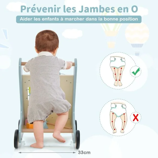 Chariot de Marche en Bois avec Panneau de Jeu Marcheur D'apprentissage Bébé avec Espace de Rangement Trotteur pour Bébé de 10 Mois+ Bleu