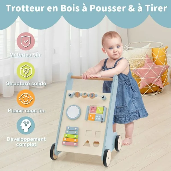 Chariot de Marche en Bois avec Panneau de Jeu Marcheur D'apprentissage Bébé avec Espace de Rangement Trotteur pour Bébé de 10 Mois+ Bleu