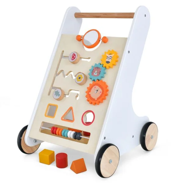 Chariot de Marche en Bois avec Panneau de Jeu Trotteur Bébé avec Espace de Rangement Marcheur D'apprentissage Bébé de 10 Mois+ Blanc