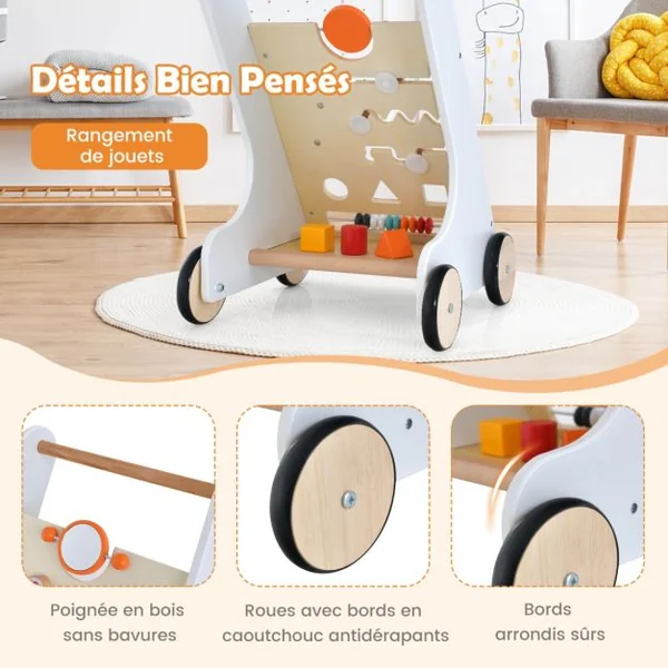 Chariot de Marche en Bois avec Panneau de Jeu Trotteur Bébé avec Espace de Rangement Marcheur D'apprentissage Bébé de 10 Mois+ Blanc