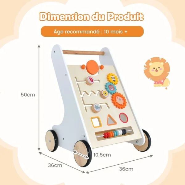 Chariot de Marche en Bois avec Panneau de Jeu Trotteur Bébé avec Espace de Rangement Marcheur D'apprentissage Bébé de 10 Mois+ Blanc