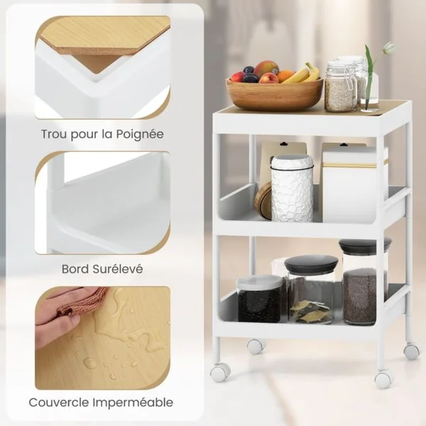 Chariot de Rangement 3 Niveaux Desserte à Roulettes avec Plateau Amovible Étagère sur Roulette pour Cuisine Bureau Salle de Bain Salon Blanc
