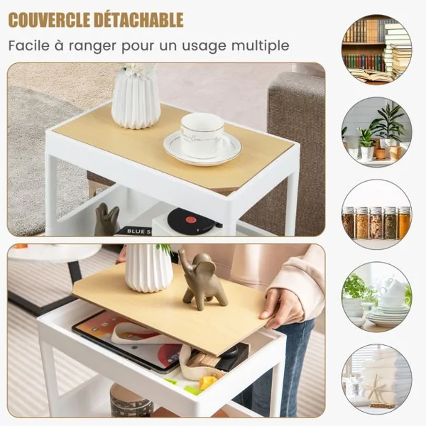 Chariot de Rangement 3 Niveaux Desserte à Roulettes avec Plateau Amovible Étagère sur Roulette pour Cuisine Bureau Salle de Bain Salon Blanc