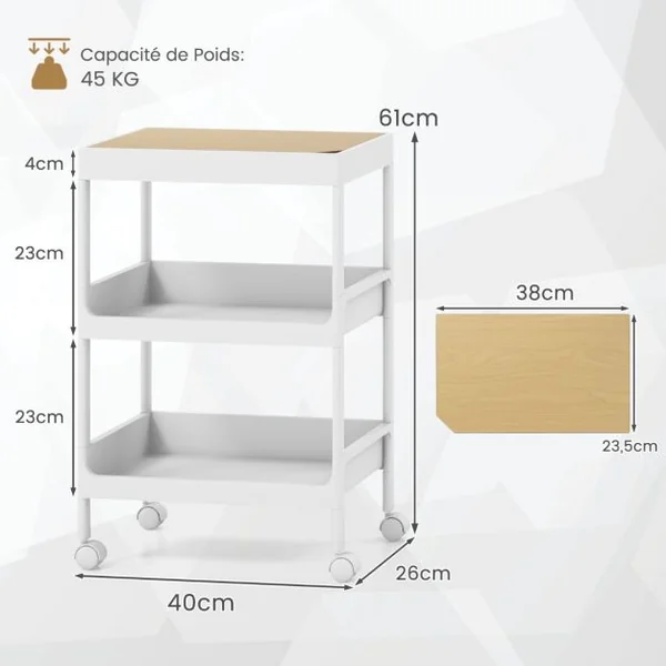 Chariot de Rangement 3 Niveaux Desserte à Roulettes avec Plateau Amovible Étagère sur Roulette pour Cuisine Bureau Salle de Bain Salon Blanc