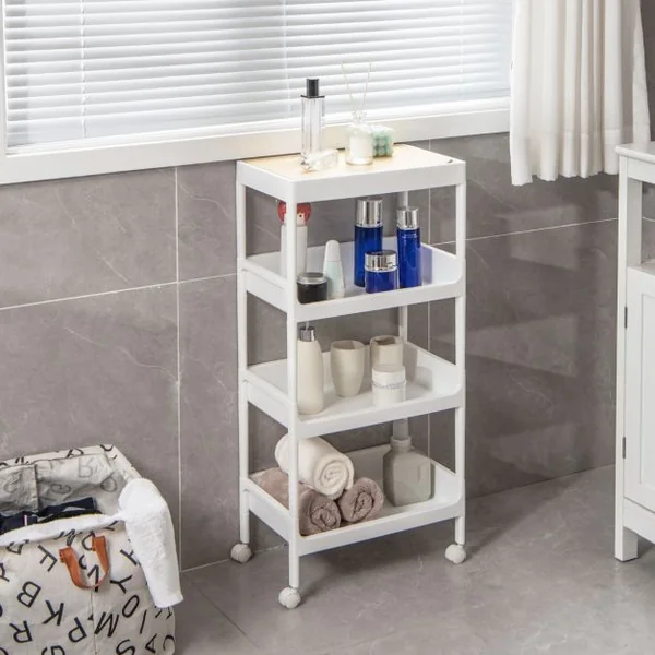 Chariot de Rangement 4 Niveaux Desserte à Roulettes avec Plateau Amovible Étagère sur Roulette pour Cuisine Bureau Salle de Bain Salon Blanc