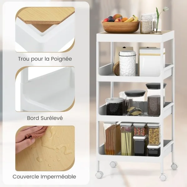 Chariot de Rangement 4 Niveaux Desserte à Roulettes avec Plateau Amovible Étagère sur Roulette pour Cuisine Bureau Salle de Bain Salon Blanc