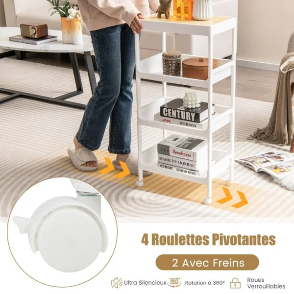 Chariot de Rangement 4 Niveaux Desserte à Roulettes avec Plateau Amovible Étagère sur Roulette pour Cuisine Bureau Salle de Bain Salon Blanc