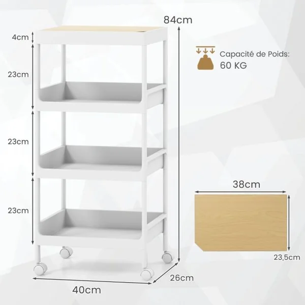Chariot de Rangement 4 Niveaux Desserte à Roulettes avec Plateau Amovible Étagère sur Roulette pour Cuisine Bureau Salle de Bain Salon Blanc