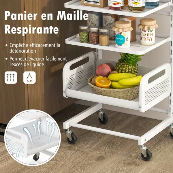 Chariot de Rangement 4 Étages Chariot de Rangement Métallique Ajustables Poignée en Bois de Caoutchouc et Roulettes Verrouillables Blanc