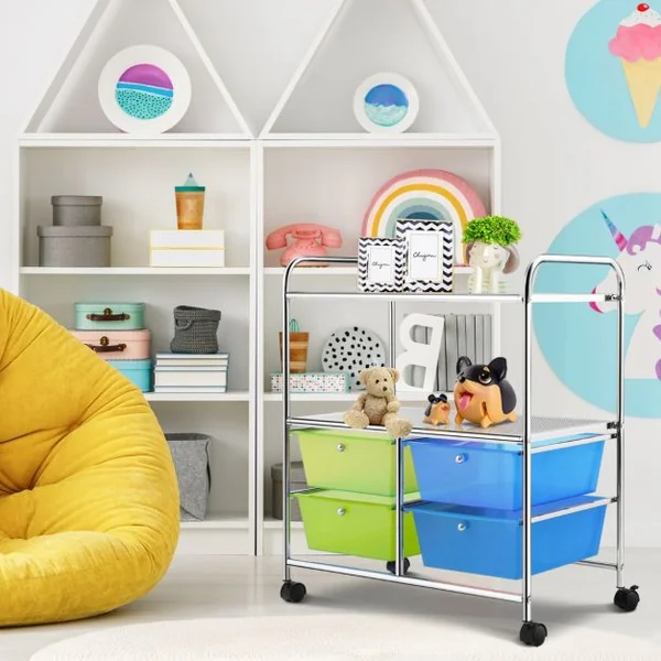 Chariot de Rangement 63,5 x 37 x 75 cm avec 2 Etagères 4 Tiroirs 4 Roues et 2 Freins Vert