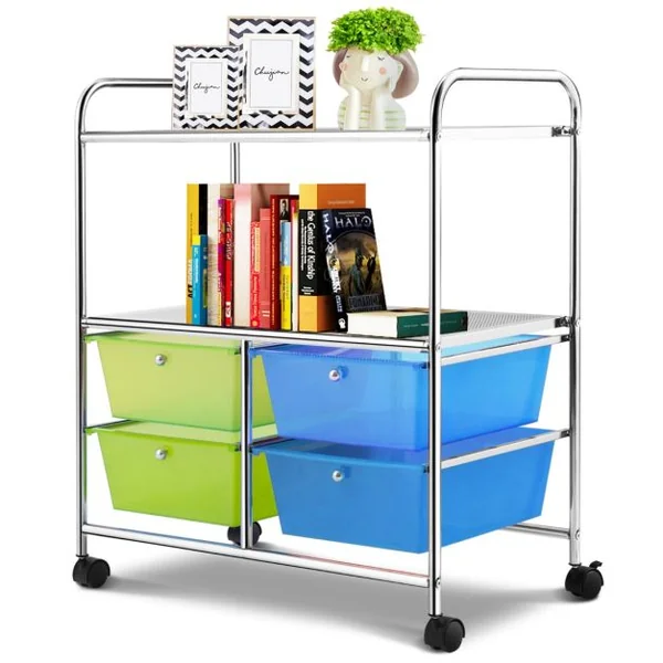 Chariot de Rangement 63,5 x 37 x 75 cm avec 2 Etagères 4 Tiroirs 4 Roues et 2 Freins Vert