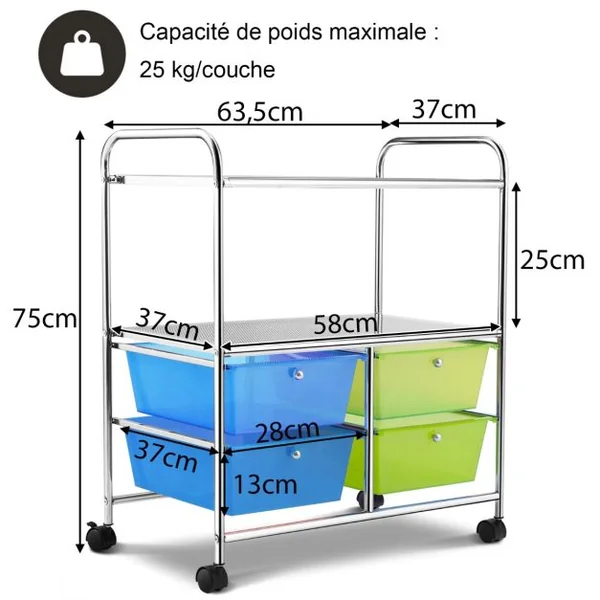 Chariot de Rangement 63,5 x 37 x 75 cm avec 2 Etagères 4 Tiroirs 4 Roues et 2 Freins Vert