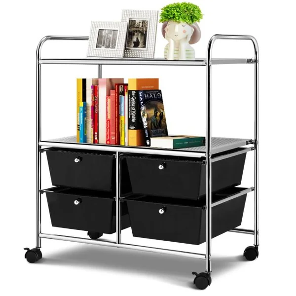 Chariot de Rangement 63 x 37 x 73,5 cm avec 2 Etagères 4 Tiroirs 4 Roues et 2 Freins Noir