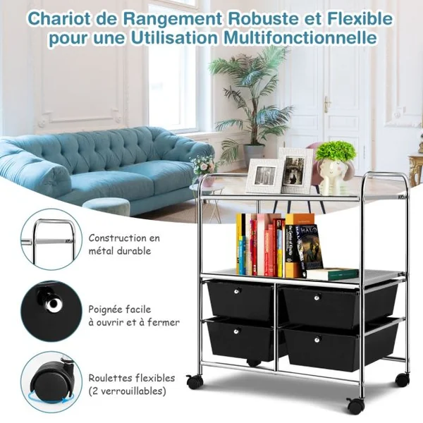 Chariot de Rangement 63 x 37 x 73,5 cm avec 2 Etagères 4 Tiroirs 4 Roues et 2 Freins Noir