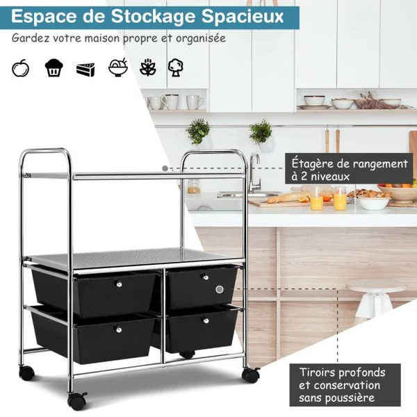 Chariot de Rangement 63 x 37 x 73,5 cm avec 2 Etagères 4 Tiroirs 4 Roues et 2 Freins Noir