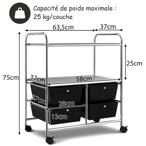 Chariot de Rangement 63 x 37 x 73,5 cm avec 2 Etagères 4 Tiroirs 4 Roues et 2 Freins Noir