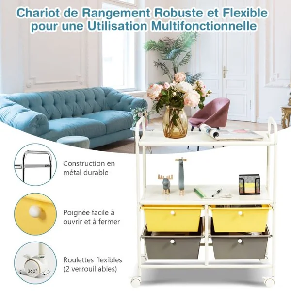 Chariot de Rangement Desserte à Roulettes avec Freins 2 Étagères et 4 Tiroirs en PP et Acier, 63x37x73,5cm, Jaune