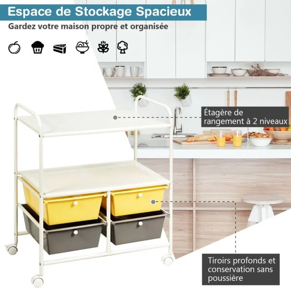 Chariot de Rangement Desserte à Roulettes avec Freins 2 Étagères et 4 Tiroirs en PP et Acier, 63x37x73,5cm, Jaune