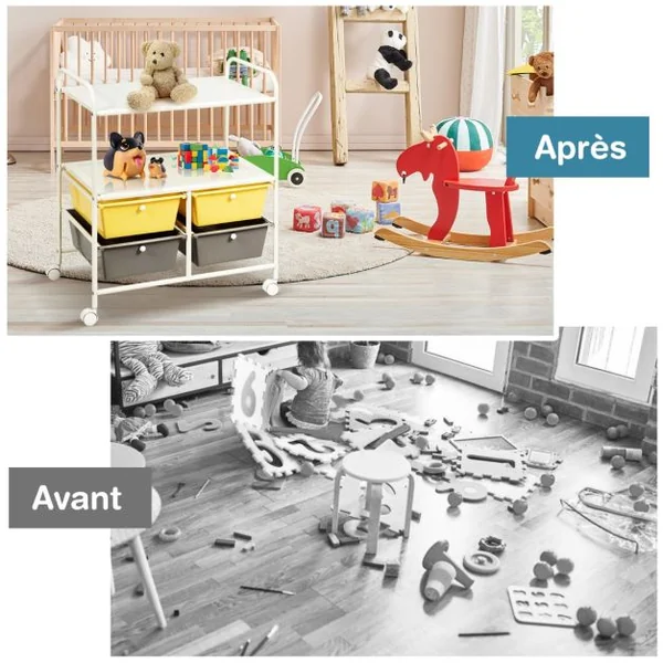 Chariot de Rangement Desserte à Roulettes avec Freins 2 Étagères et 4 Tiroirs en PP et Acier, 63x37x73,5cm, Jaune