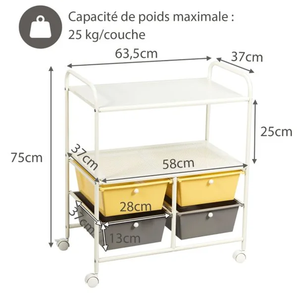Chariot de Rangement Desserte à Roulettes avec Freins 2 Étagères et 4 Tiroirs en PP et Acier, 63x37x73,5cm, Jaune