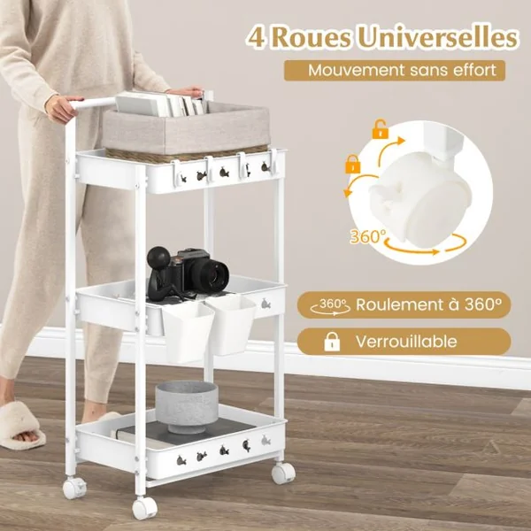 Chariot de Rangement Mobile à 3 Niveaux Chariot Utilitaire avec 3 Bacs et 4 Crochets Organisateur Mobile avec Barre de Poignée Blanc