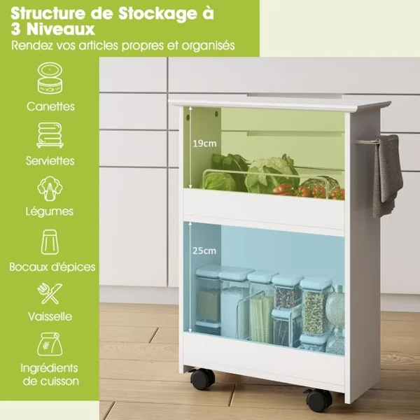 Chariot de Rangement sur Roulettes à 3 Niveaux pour Cuisine Blanc