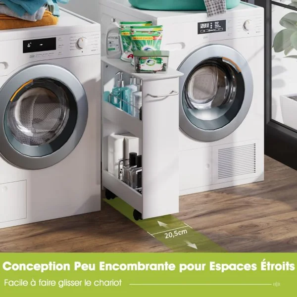 Chariot de Rangement sur Roulettes à 3 Niveaux pour Cuisine Blanc