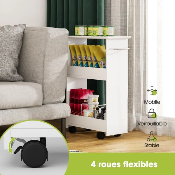 Chariot de Rangement sur Roulettes à 3 Niveaux pour Cuisine Blanc