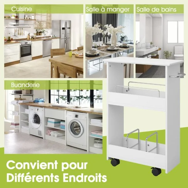 Chariot de Rangement sur Roulettes à 3 Niveaux pour Cuisine Blanc